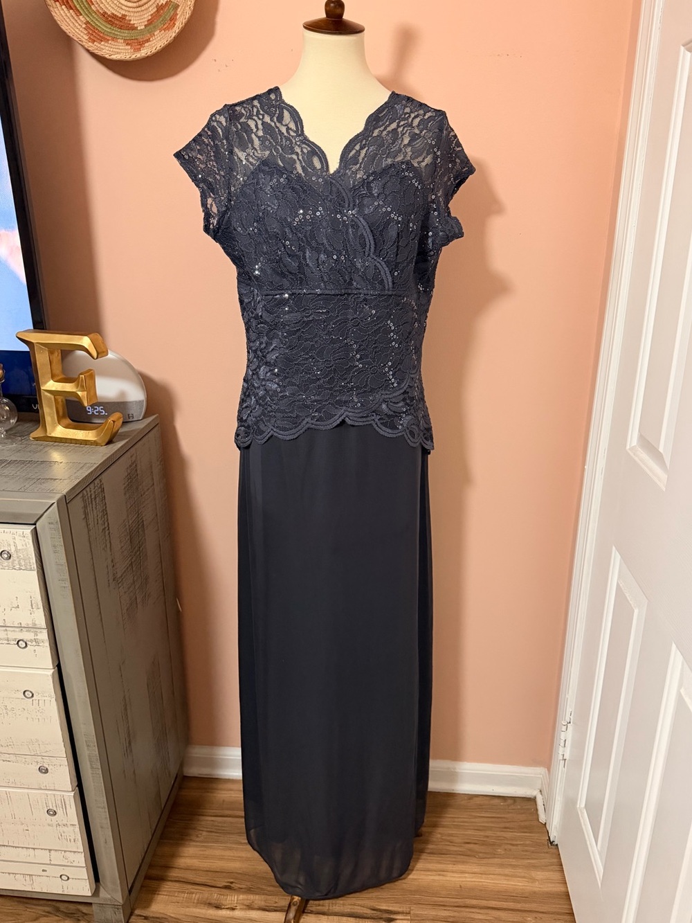 Blu Sage Formal Sequin Lace Overlay Evening Dress Slate/Gray Sz 16P